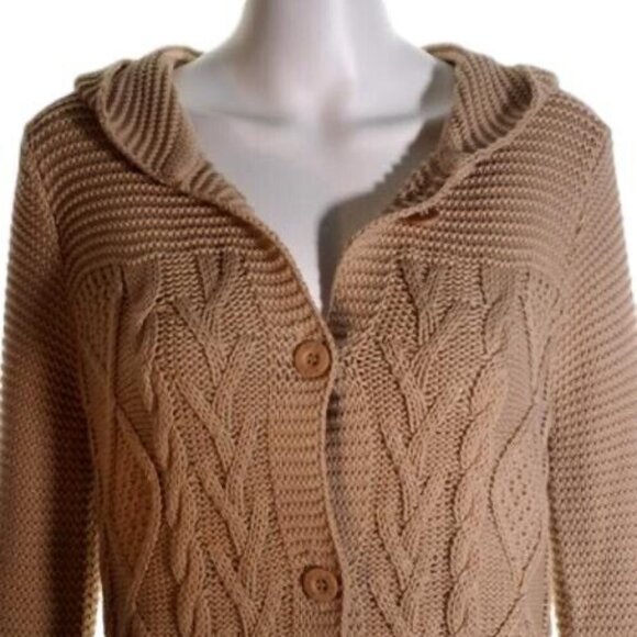 BCBG Fisherman Cardigan Size M 10 12 Tan Tunic Hood Cable Button Natural - Picture 2 of 10